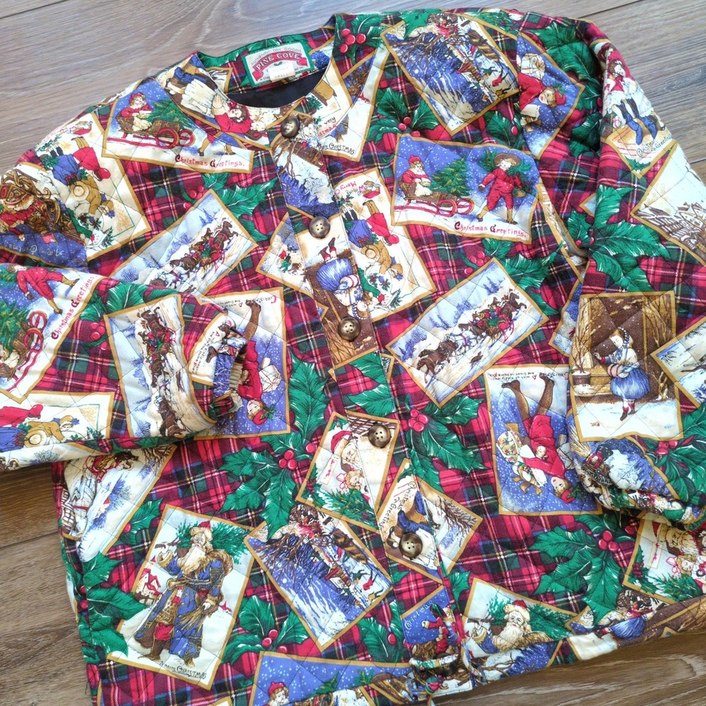 Vtg 90s Quilted Christmas‎ Jacket Button Plaid Santa Tree Cottagecore USA Small